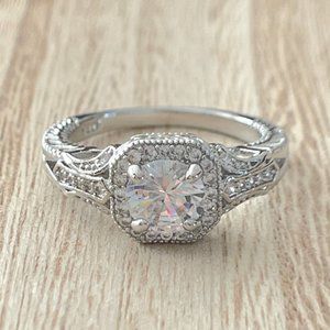 Round Simulated Diamond Vintage Halo Ring - 925 Sterling Silver